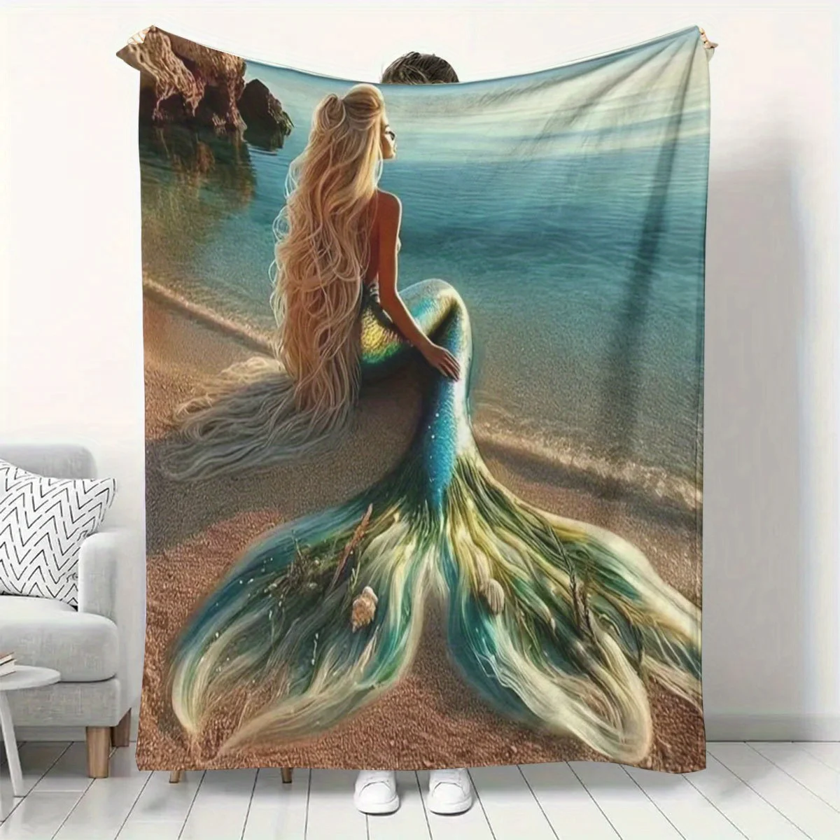 Dreamy Fantasy Long‑hair Mermaid On Sandy Beach Coastal Sea View Marine Landscape Pattern Flannel Blanket Warm Cozy Printed
