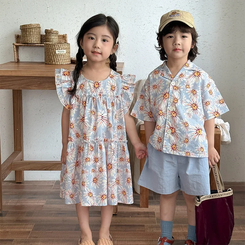 Children's Girl Boy Summer Matching Outfits Cotton Comfort Shirt Shorts Sets Floral Flare Sleeveless Dress Sibling Outfit