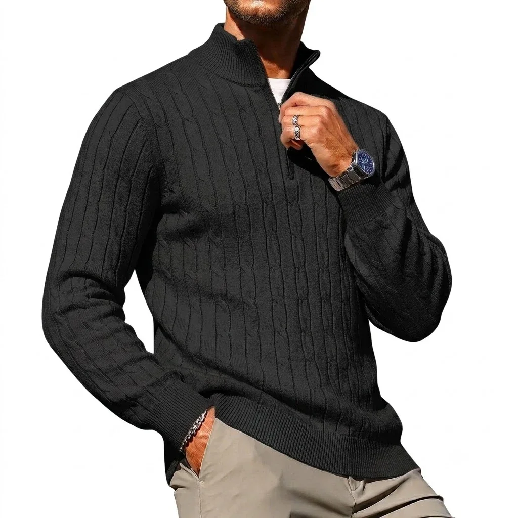 Mens Long Sleeve Zip Knit Jumper Relaxed Plain High Neck Pullover Cozy Winter Knit Outer Blazer Autumn Premium Urban Apparel Top