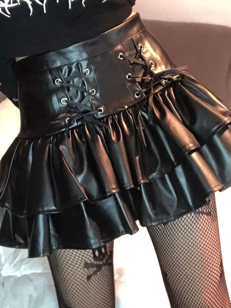 INSCUT-Mall Goth Pu Skirt Feminina, Y2K, Fairycore, Grunge, Cintura Alta, Cordões, Espartilho, Bolo, Streetwear, Emo Indie, Roupa de Clubes, 2021