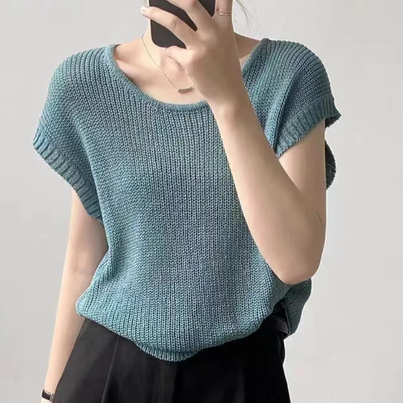 Summer Casual O-Neck Knitted Tops Korean Sleeveless Tank Top Loose Shirt Women Blouse Thin Shirt Solid Loose Top Elegant 28031