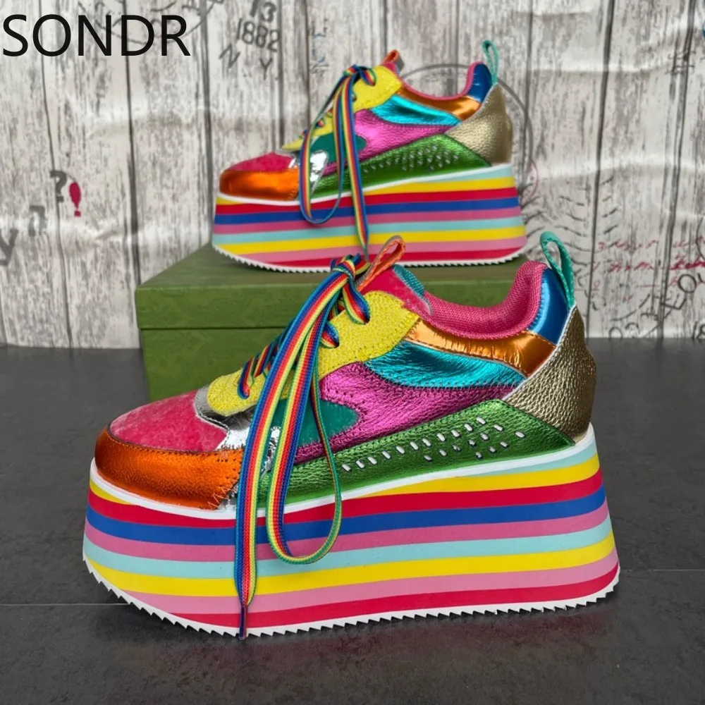 Womens Genuine Leather Sneakers Rainbow Colors Shoes Platform High Heel Casual Luxury New 2024