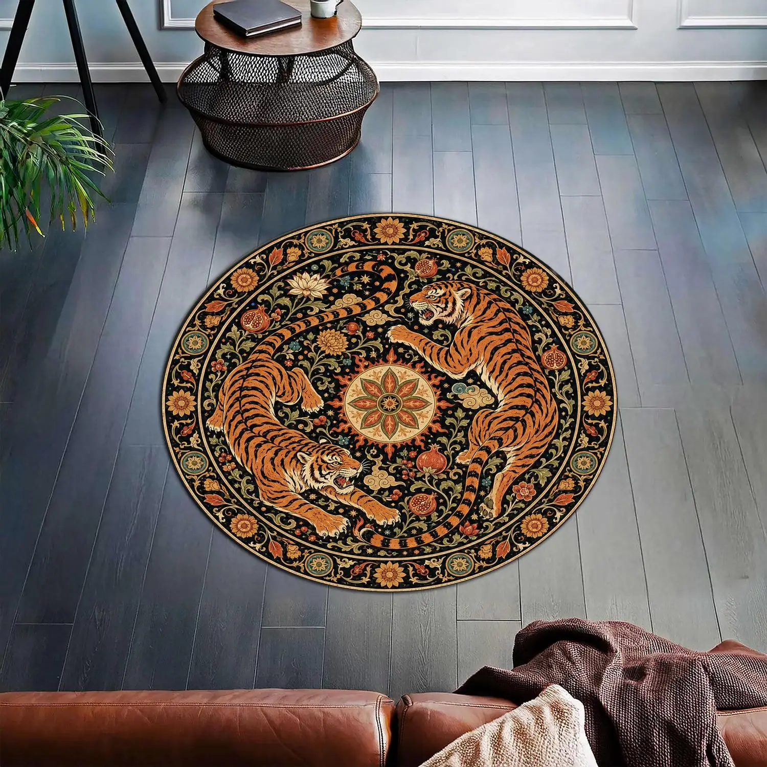【Room Decorative Carpet】Double Tiger Round Carpet, Black Plant Pattern, Adorned with Two Orange Tigers, Pomegranates, Floral Motifs, and a Beautiful Circular Border.