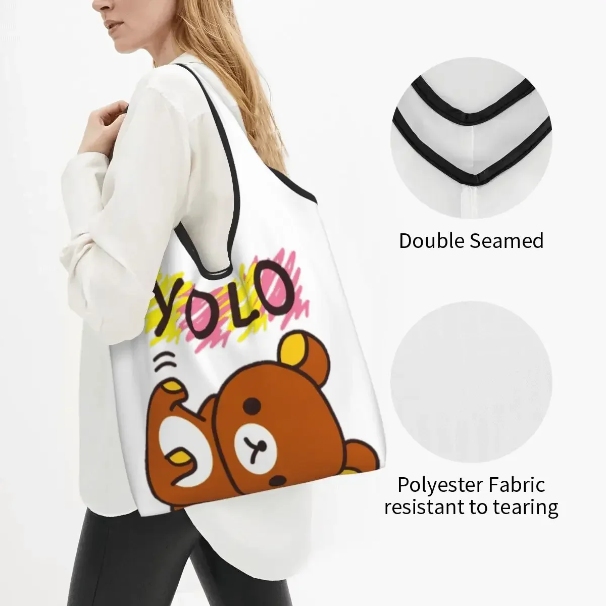 Rilakkuma YOLO Grocery Bag Durable Large Reusable Recycle Foldable Heavy Duty Cartoon Shopping Eco Bag Washable With Pouch