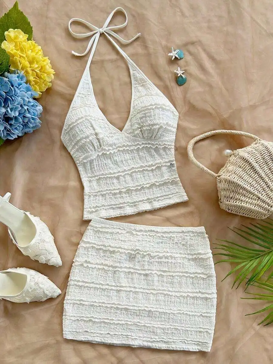 Womens 2-Piece Vacation Set: Halter Neck Floral Top & Matching Skirt, Beach Summer Outfit view 2