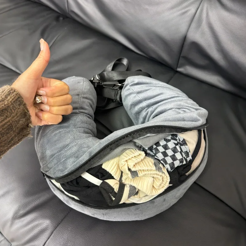 U-shaped Travel Neck Pillow Can Stuff Clothes  Portable Neck Cushion for Long Flight Trip