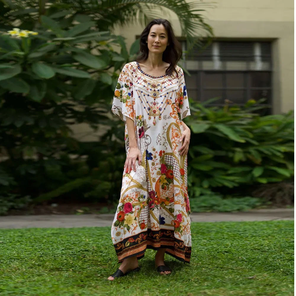 O-neck Bat-sleeve Printed Dress Summer Dress for Women Fashion Ruffles Beach Holiday Abayas for Women Kaftan Robe Vestidos Para