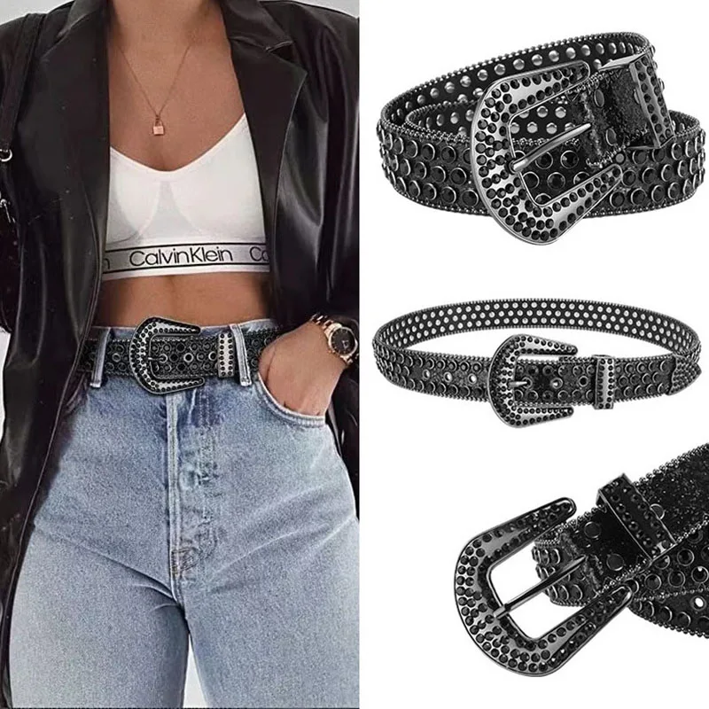 

Fashion Rhinestone Belt Western Punk Cowboy Cowgirl Bling Bling Studded Design Leather Belts for Women Men Luxury Crystal Belts