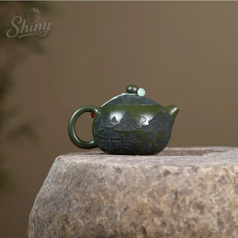 إبريق شاي من الطين الأرجواني من ييشينغ مصنوع يدويًا من الطين الأخضر الخام مع أنماط التنين إبريق شاي Xi Shi ذو سعة كبيرة #3