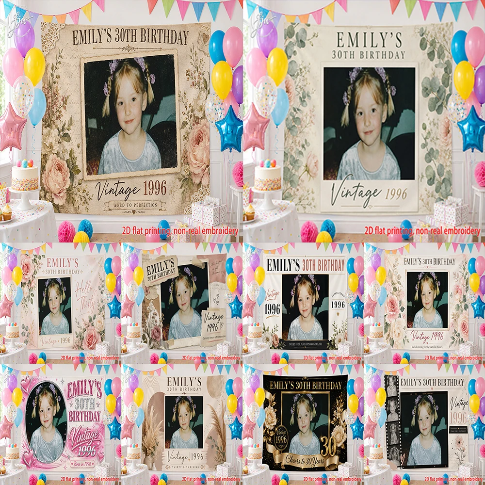 1pc Personalized Emily 30th Birthday Vintage 1996 Photo Backdrop Tapestry for Party Decor
