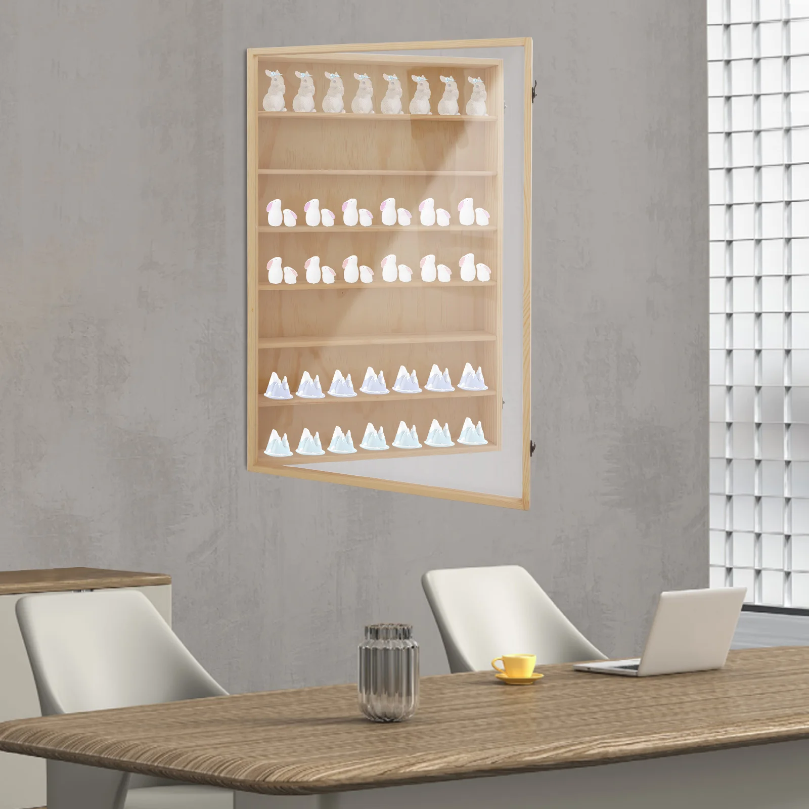 خزانة عرض خشبية مثبتة على الحائط ذات 7 طبقات مع باب أكريليك شفاف مقاوم للغبار للسيارات النموذجية وشخصيات الحركة