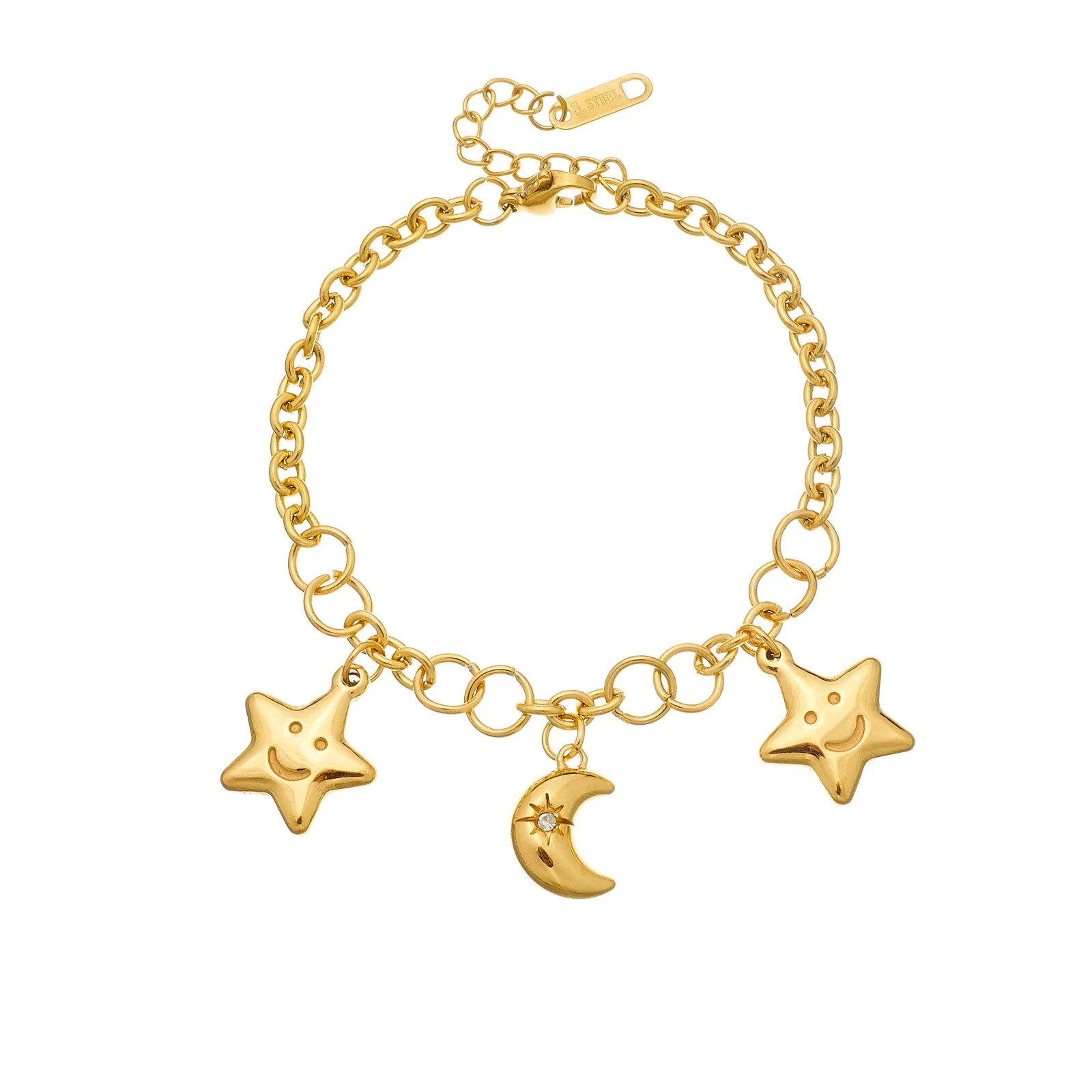 Fade Resistant Cute Smiley Star Moon Bracelet Stainless Steel Hypoallergenic Gold Plated Zircon Inlaid Statement Women Jewelry