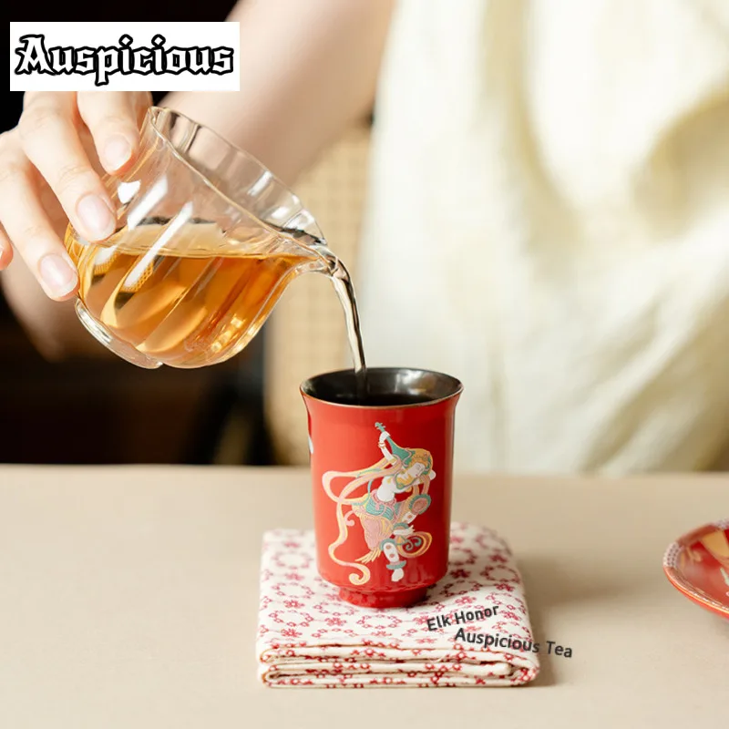 1pc 75ml Chinese Red Dunhuang Apsaras Teacup Zen Tea Bowl Tea Pair Tea-tasting Smelling Cup Jianzhan Master Cup Teaset Ornaments