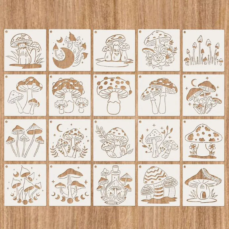 13*13cm Mushroom Theme Stencils PET Hollow Leak Printing Board DIY Layering Furniture Wall Painting Template Decoration Reusable