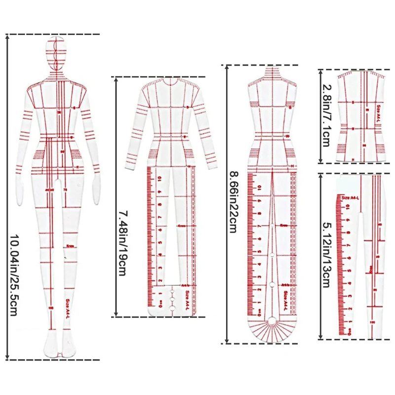 4 Pcs/Set Premium Fashion Illustration Rulers Plastic Sewing Patchwork Ruler Sketching Ruler Humanoid Patterns Design 87HA