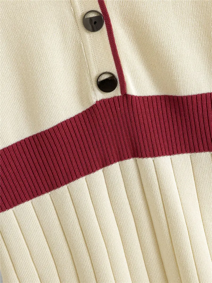 Damska sukienka dzianinowa z kołnierzykiem, dopasowana w talii, w stylu europejskim, nowa kolekcja wiosna-jesień 2025, średniej długości, z kontrastowymi wstawkami kolorystycznymi.