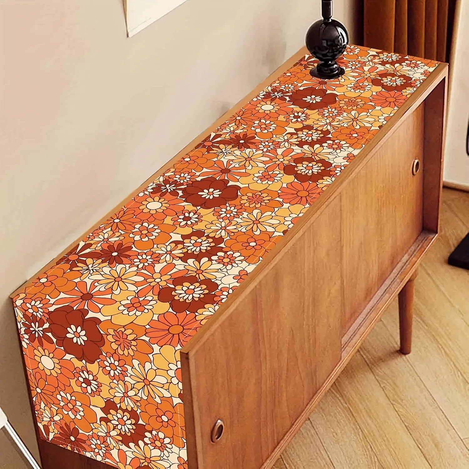 1pc Retro Orange Floral Table Runner Brown and Beige Flowers Funky Coffee Table Center Decor Kitchen Dining Patio Indoor Outdoor