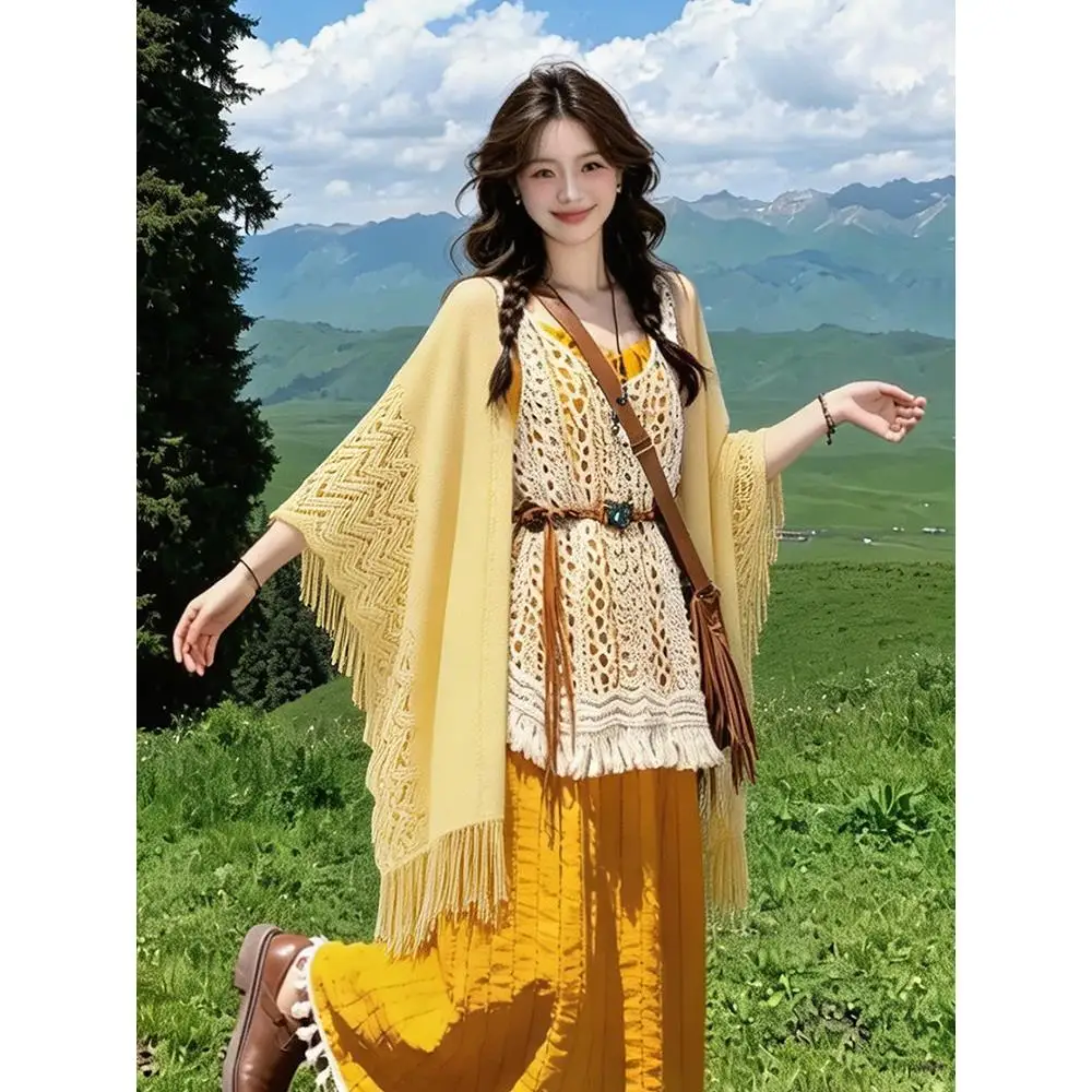 Yellow Knitted Shawl Travel Air Conditioned Room Women's Outerwear Sichuan West Yunnan Xinjiang Sun Protection Cloak Cardigan