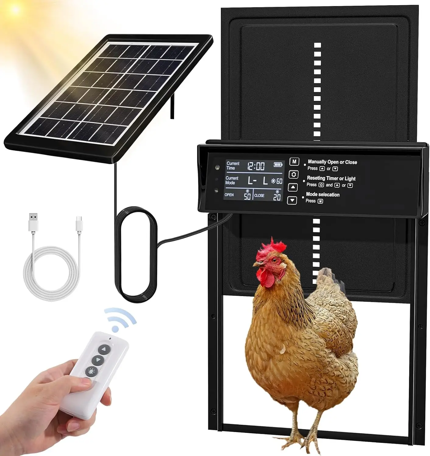 Solar Chicken Coop Door, Automatic Chicken Door Solar Powered & USB Charging, Auto Chicken Door 4 Modes with Timer & Light Senso