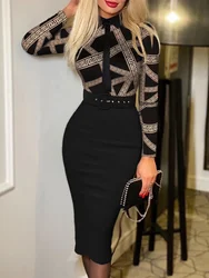 Elegant Print Bodycon Dress Women Fashion Slim V-neck Short Sleeve Lady Dresses Spring Autumn Office Commute Belt Party Dress