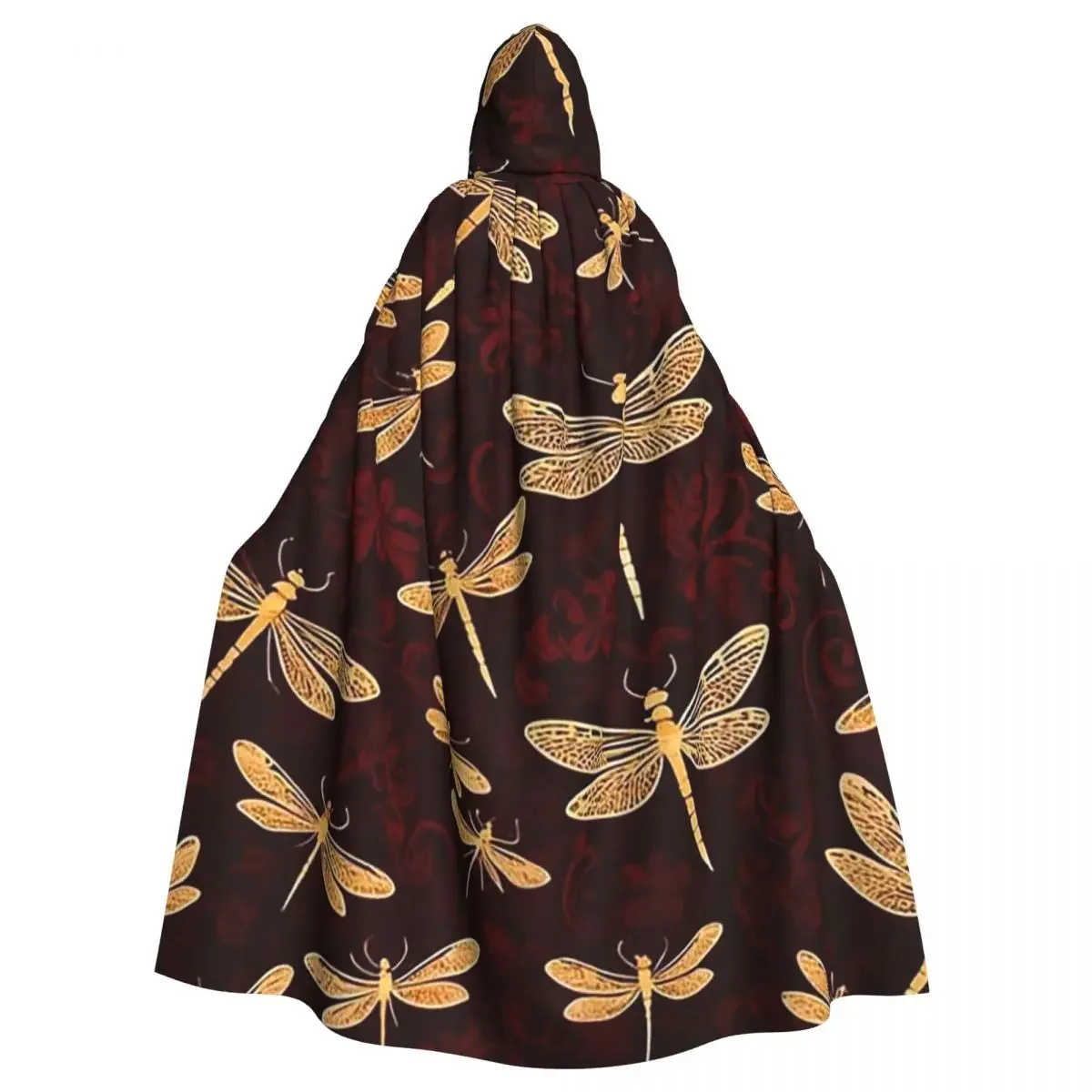 Vuelo en libélulas doradas sobre fondo rojo de terciopelo capa larga con capucha disfraz de bruja capa de Cosplay abrigo de Halloween adulto Unisex
