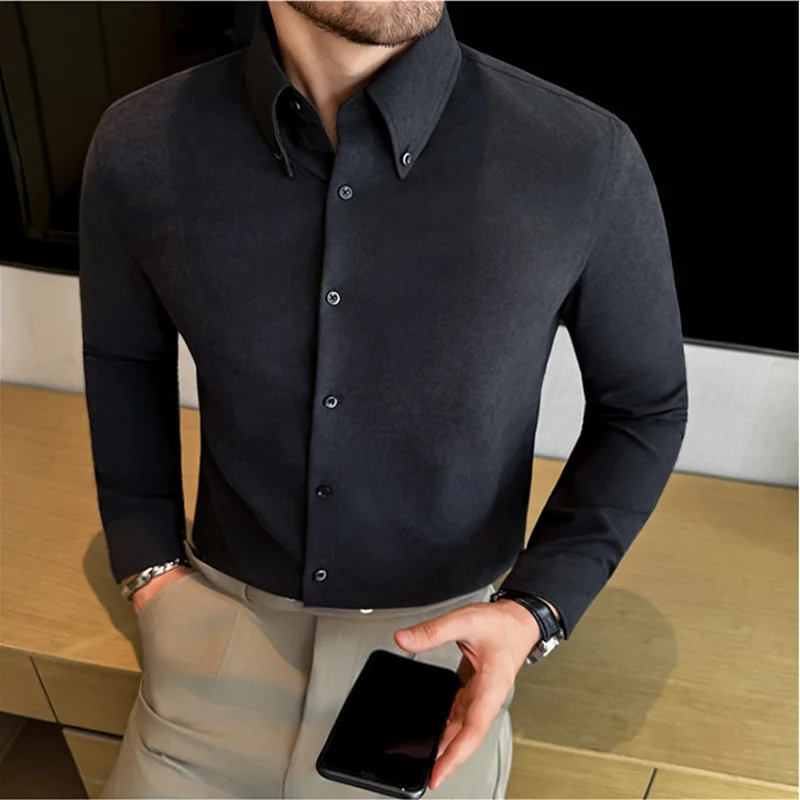 

New Vintage Style Big Pointed Collar Button Down Shirt High Qualitys Texture Men Business Slim Fit Long Sleeved Shirt 4XL-M