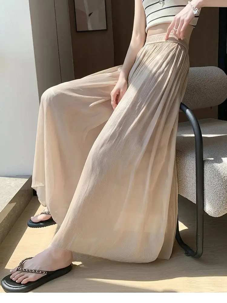 Skirt Pants Women Soild A Line Elastic Waist Maxi Pleated Satin Skirts Ladies Streetwear Summer Bottoms