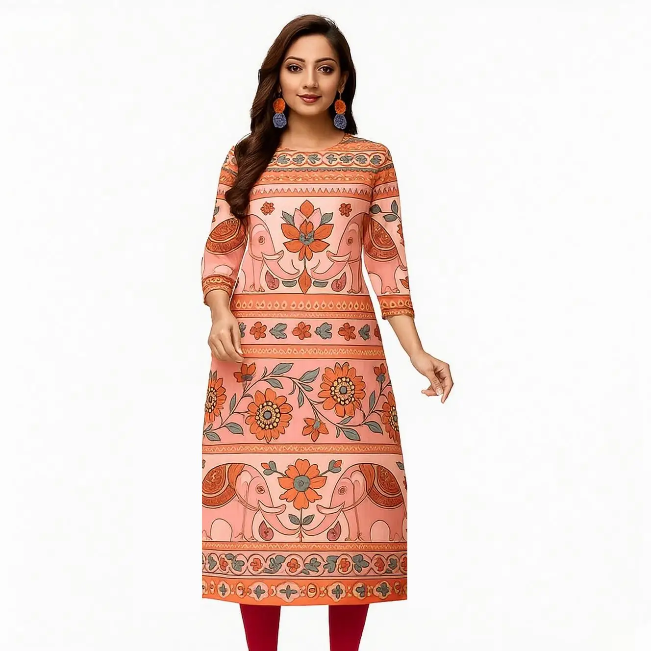 Kurt Women's fashionable and comfortable Kurt dress long sleeved straight tube casual ethnic round neck regular size new item