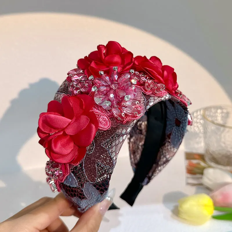 

Fabric Flower Crown Headbands for Women Bracelet Garland Tiara Hair Head Wreath Wide Headdress Party Wedding Accessories