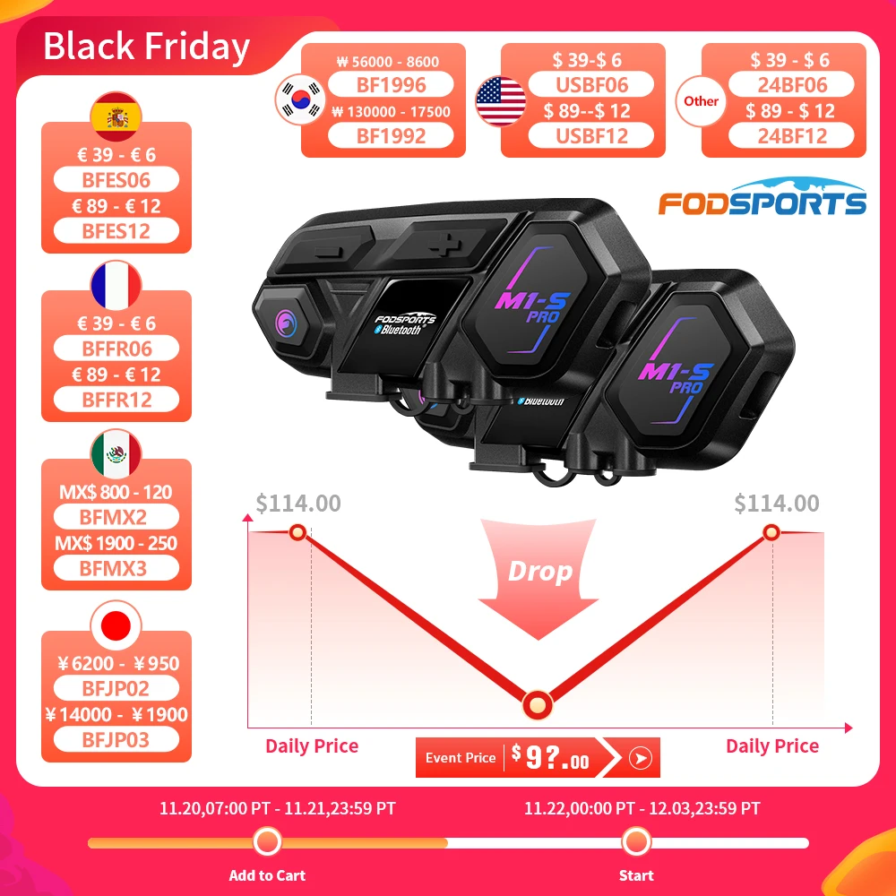 2pcs Fodsports M1-S Pro motorcycle helmet intercom,helmet bluetooth headset,10 riders 2000M communicator interphone