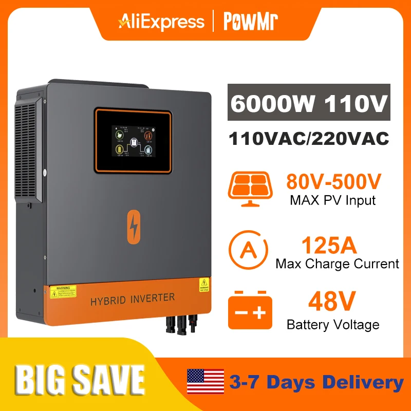 PowMr 6KW Split Phase Inverter 48V 110V or 220V with MPPT 125A Solar Battery Charger RS485 CAN Max PV Array Power 9000W(4500W+4500W)