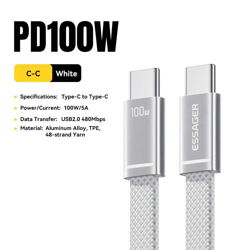 ESSAGER 100W USB-C auf USB-C Slim-Kabel 5A PD Schnellladung für MacBook iPhone 17 16 Pro Max iPad Xiaomi Laptops USB-C Datenkabel