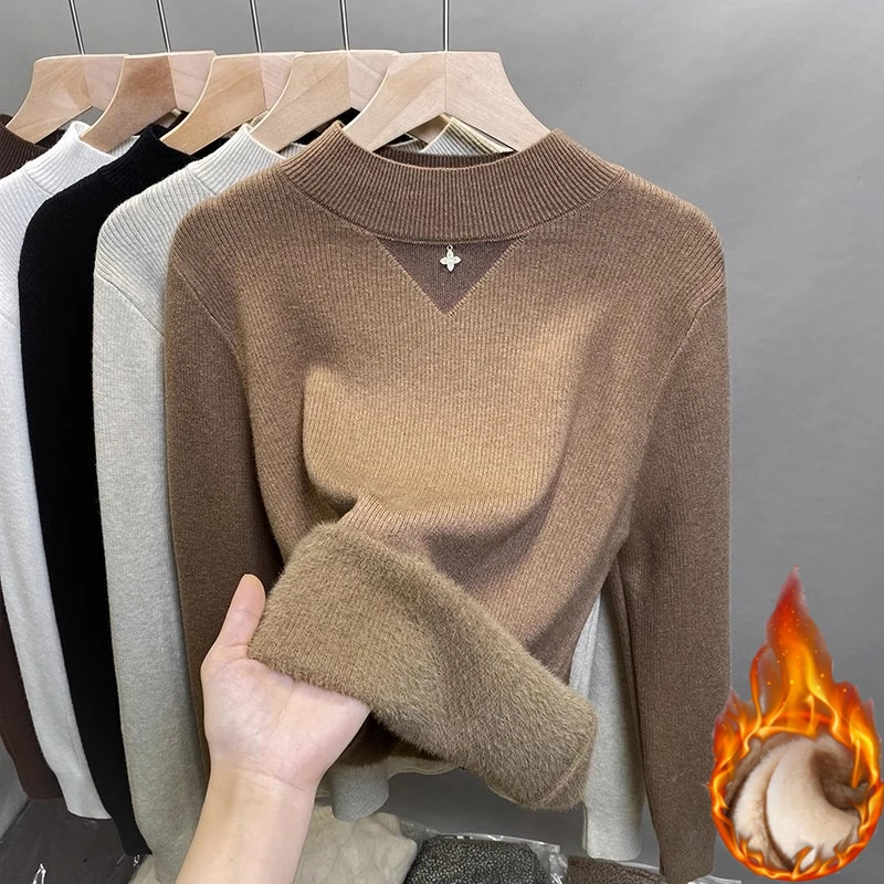 Zjaiss 2025 الخريف الشتاء الدافئة قاعدة طبقة المرأة صوف مبطن سميكة محبوك سترة قطعة واحدة الصوف بلوفر مغزول #2