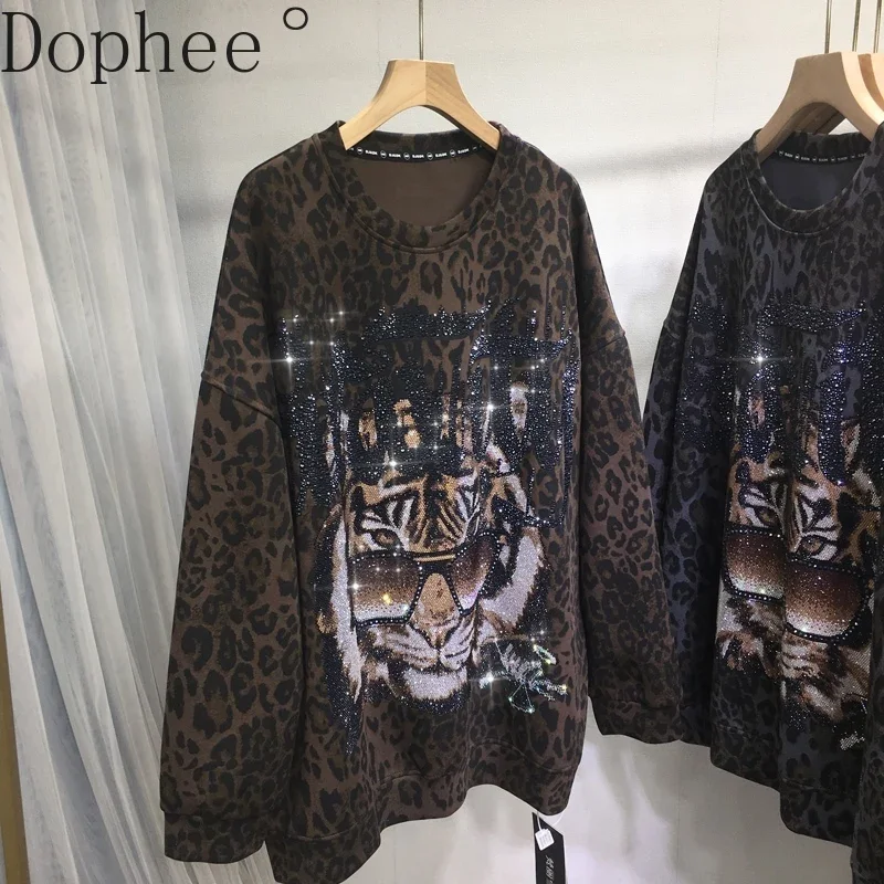 

New Autumn Winter Fashion Leopard Sweatshirt Domineering Tiger Hot Drilling Oversize Pullover Top O-neck Mid-long Hoodie Casual