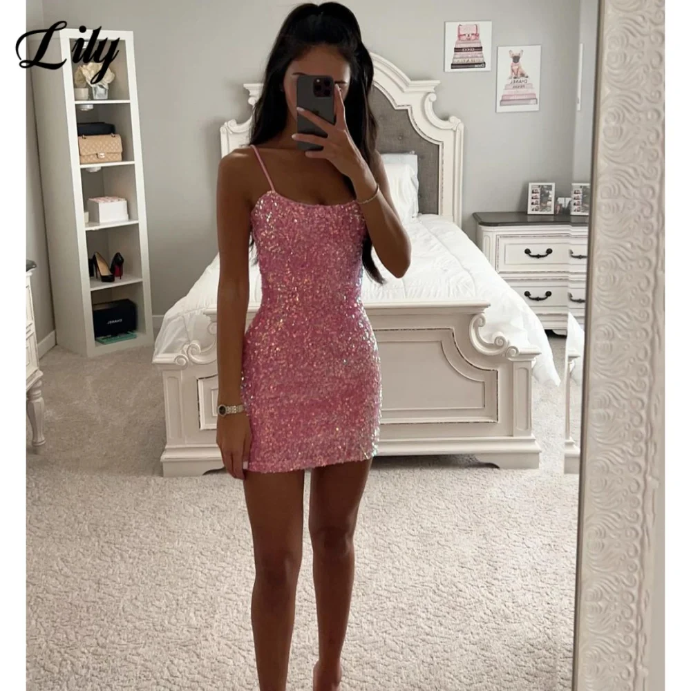 

Lily Pink Sexy Prom Dress Mini Sleeveless Prom Gown for Woman Shiny Sequins Formal Gown with Beads abiti da cerimonia Customized