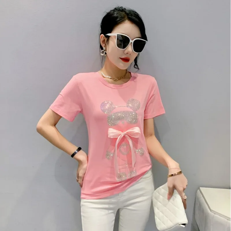 #5114 Black Green White Cute Cartoon Diamonds Short Sleeve T Shirt Women Slim Cotton Summer T-shirt Femme Printed Korean Fashion