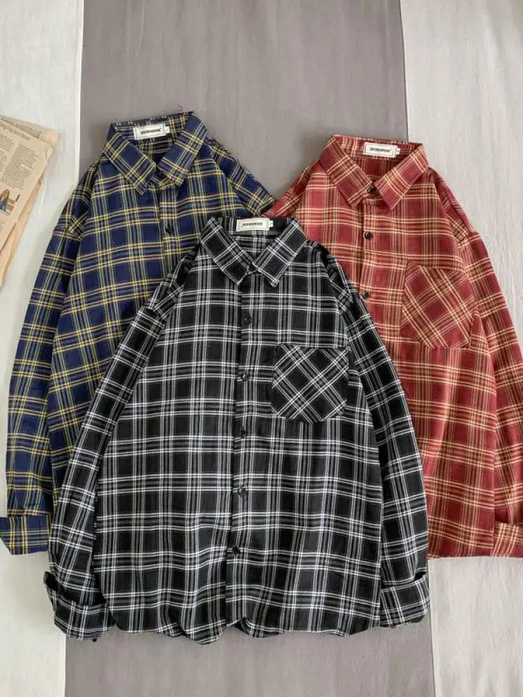 Tawaaiw American Retro Cotton Plaid Shirt Women Spring Tops Long Sleeve Korean Fashion Loose Button Up Blouse Chic Blousa Y2k