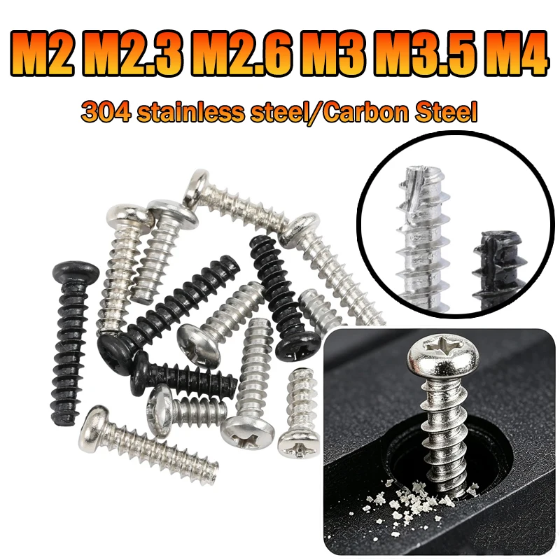 M2 M2.3-M4 304 Stainless Steel/Carbon Steel Cross Round Head Cutting Tail Self Tapping Screw Phillips Thread Cutting PT Screw