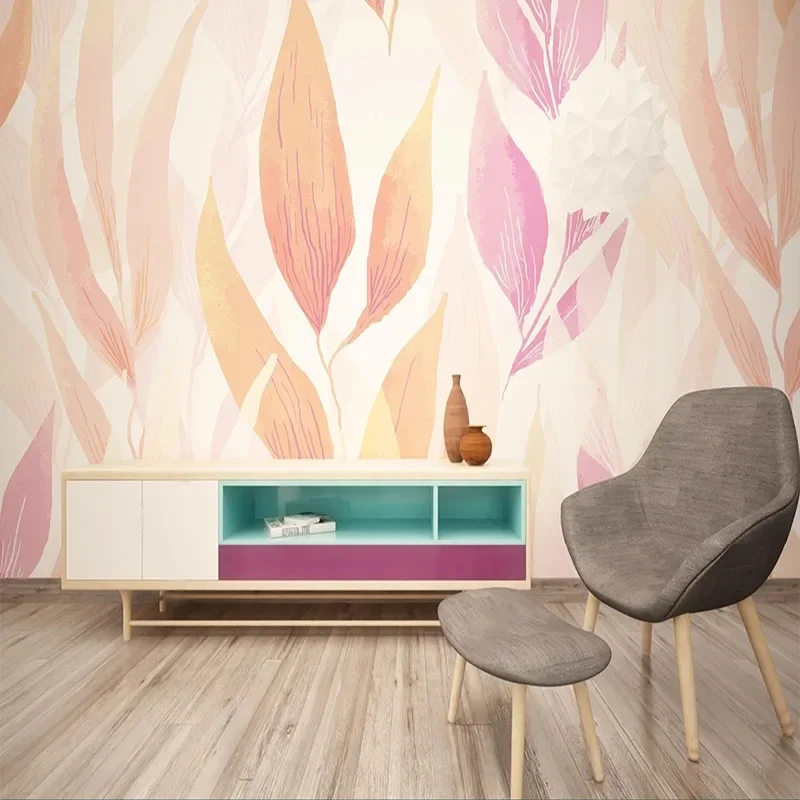 Custom Any Size 3D Modern Minimalist Pink Hand-Painted Flowers And Leaves Mural TV Background Wallpaper For Bedroom Home Décor