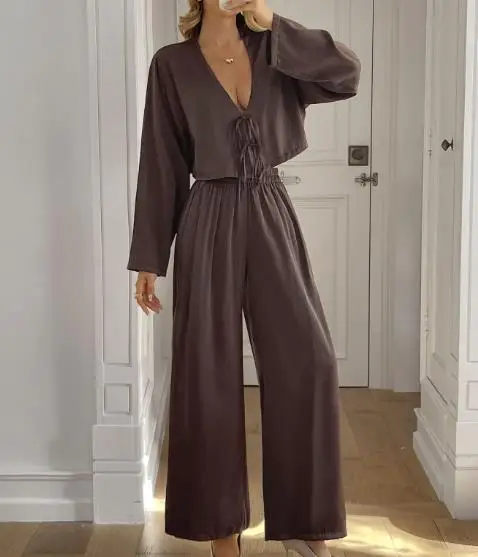 

Two Piece Set Women Outfit 2026 Spring Autumn New Solid Color V-Neck Long Sleeved Lace Up Top & Casual Straight Leg Pants Set