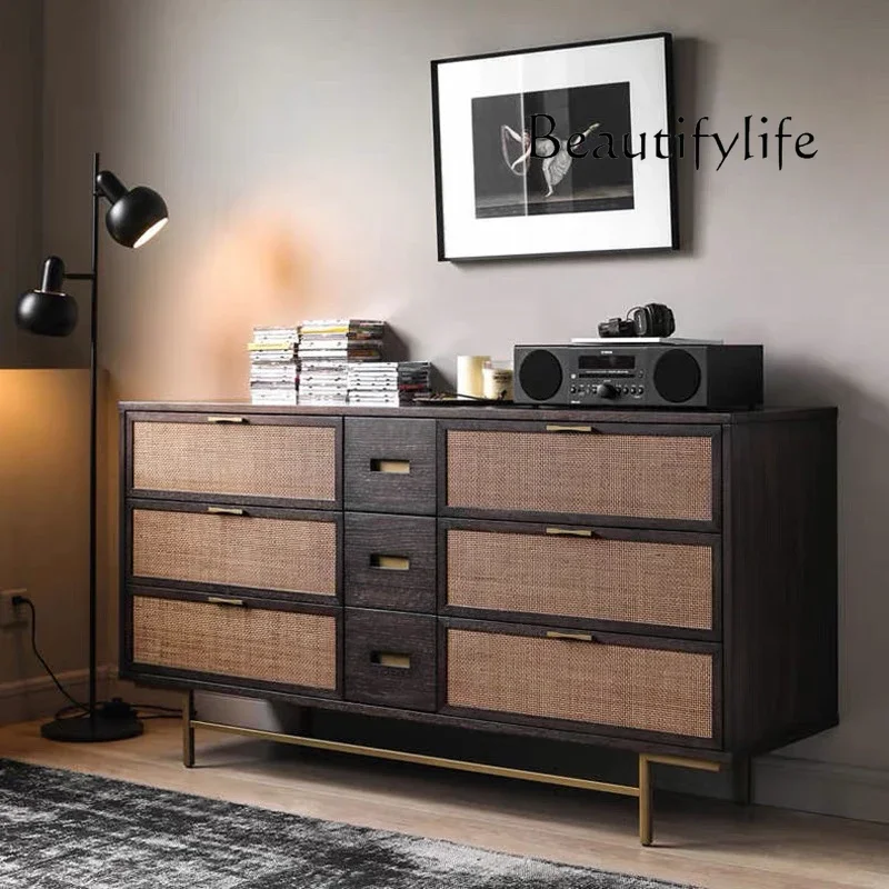 Vintage Solid Wood Rattan 9-Drawer Cabinet Silent Style Bedroom Simple Storage Storage Bed Front Cabinet