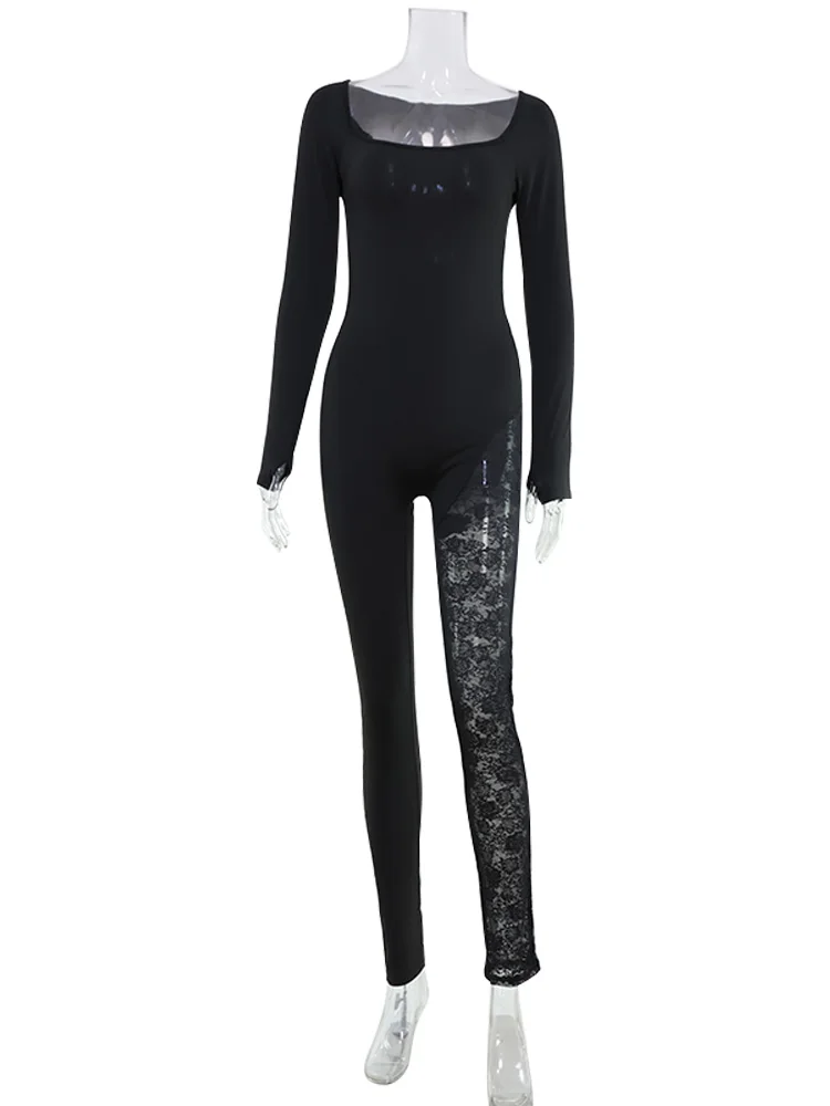 الصلبة الدانتيل المرقعة حللا للنساء أزياء مثير نادي كم طويل ساحة الرقبة انظر من خلال رومبير الإناث الشارع الشهير سليم صالح