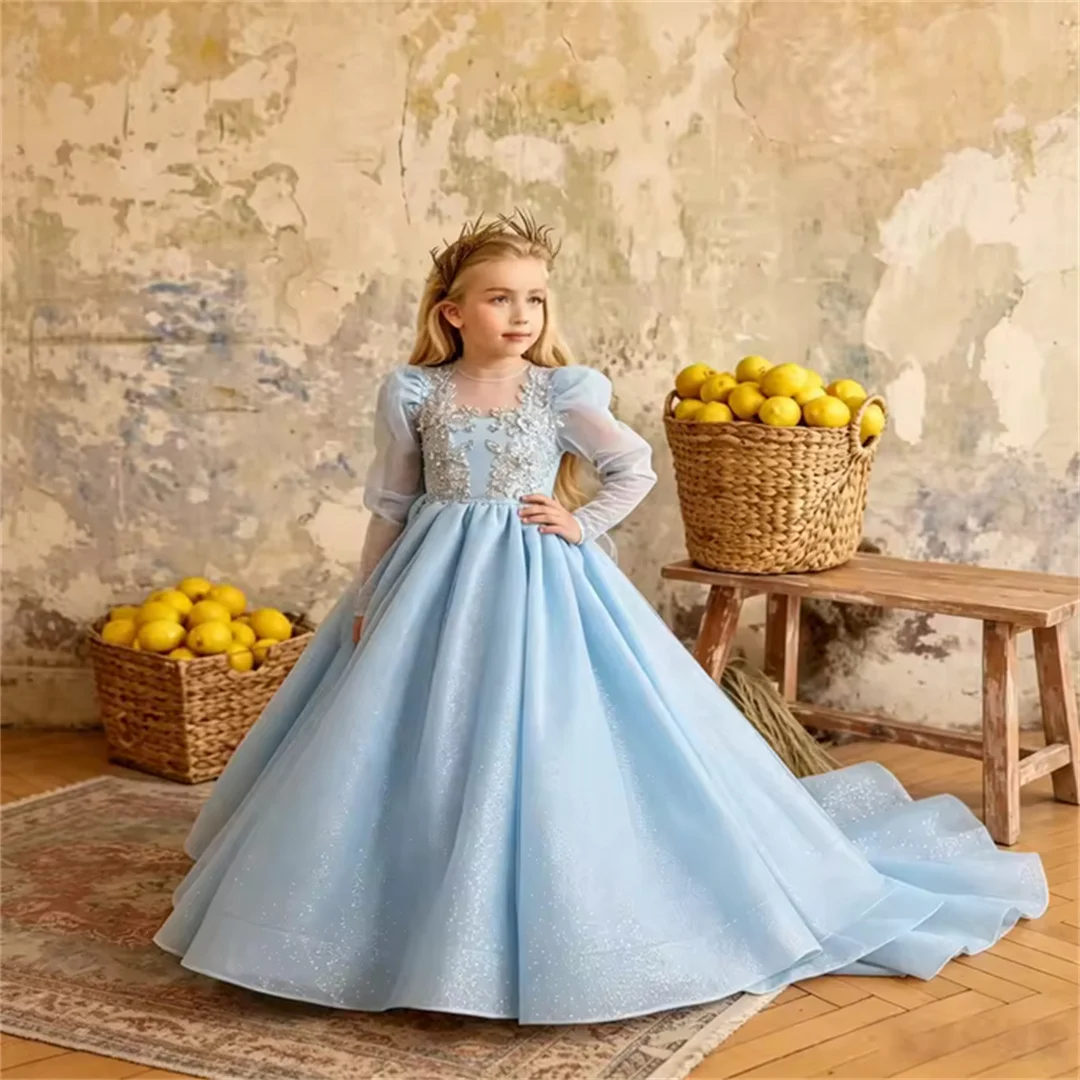 Light Luxury Children's Lace Embroidered Flower Girl Dress Elegant Mesh Sequin Appliqué A-line Princess Dress Girl Wedding Party