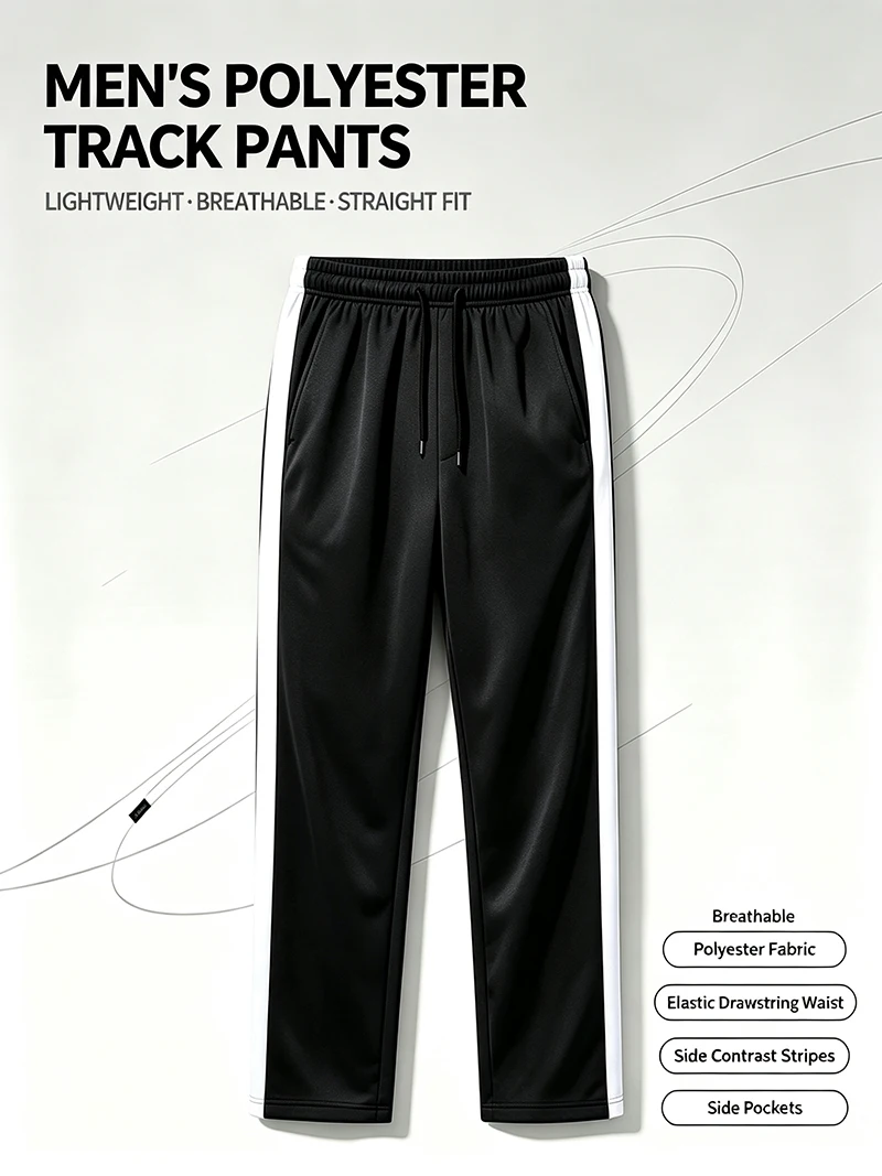 Herren-Freizeithose für Frühling/Herbst, gerader Schnitt, Seitenstreifen, elastischer Bund mit Kordelzug, Reißverschluss am Knöchel, normale Passform, für den täglichen Sport- und Freizeitgebrauch – Detail 1