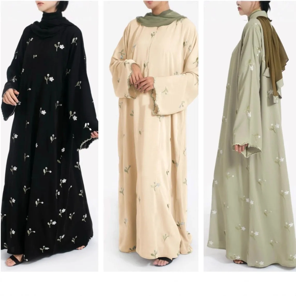 

Spring Women's Clothing Abaya Woman Dubai Floral Long Sleeve Loose Dress For Muslim Woman Cotton Linen Kaftan Embroidered Cuffs