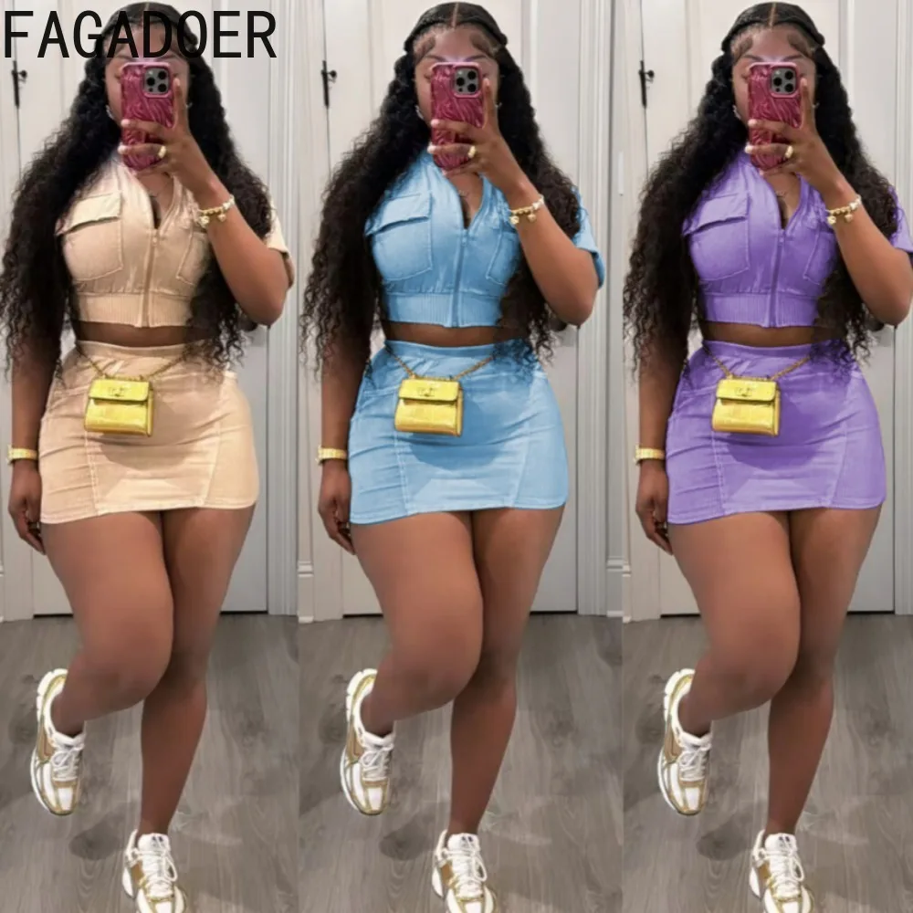 FAGADOER Summer New Solid Mini Skirts Two Piece Sets Women Zipper Short Sleeve Crop Top And Skirts Outfits Female 2pcs Clothing