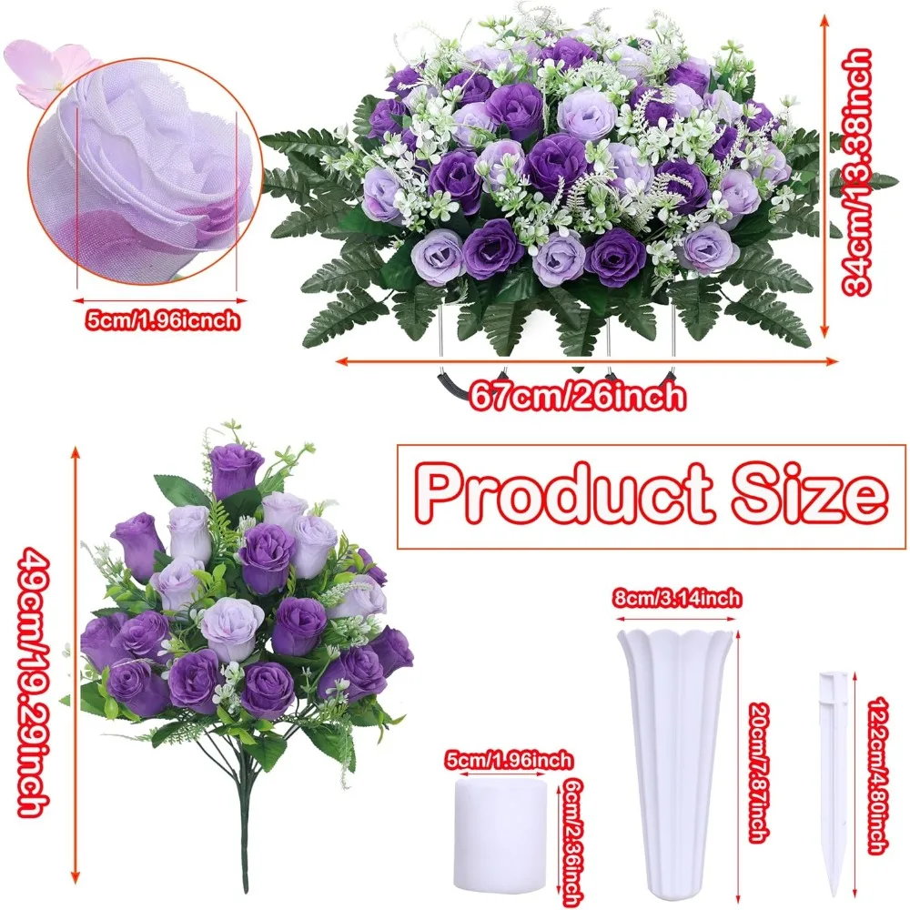 Purple Cemetery Memorial Rose Headstone Flowers with Vase for Tombstone Decoration