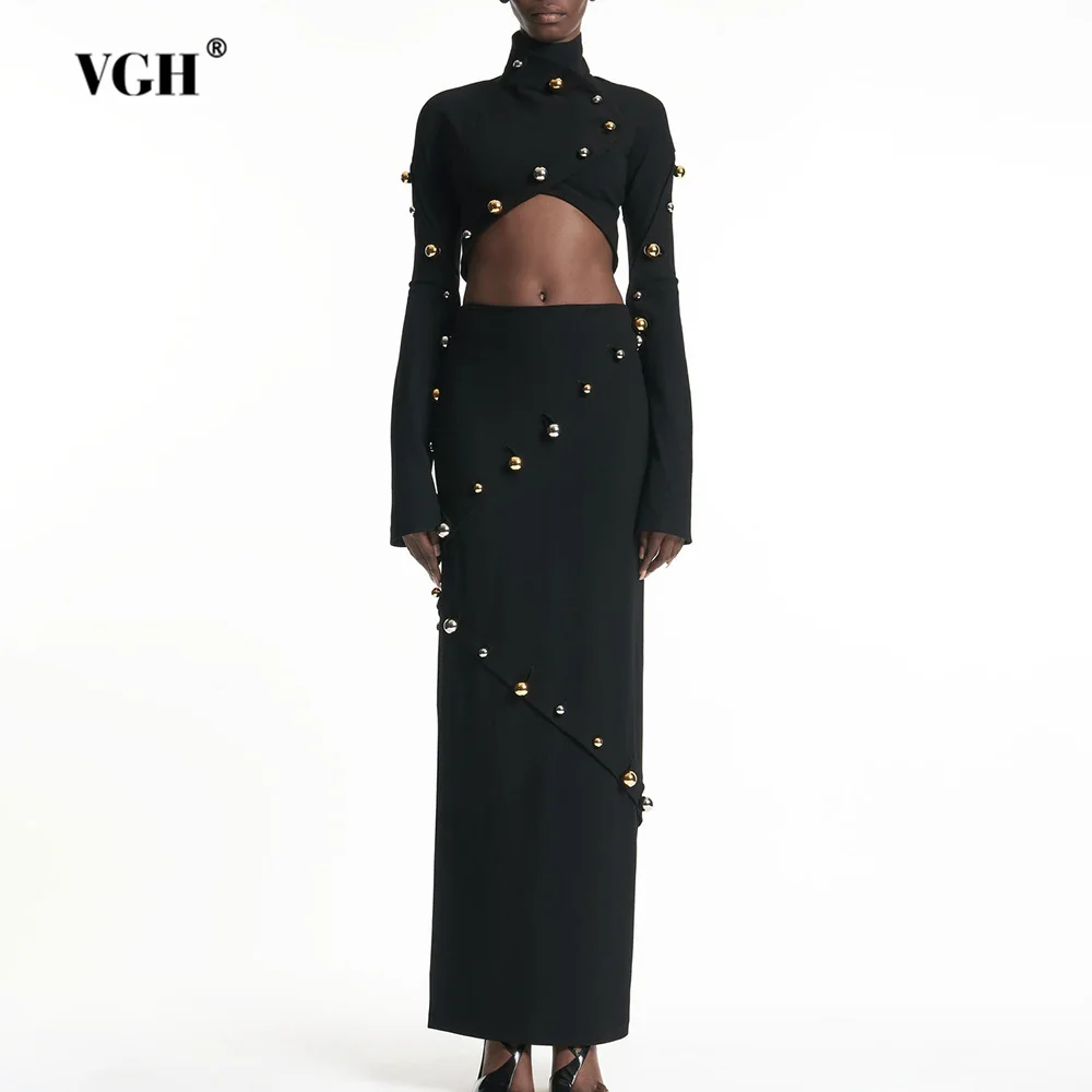 

VGH Spliced Beading Two Piece Set for Women Stand Collar Long Sleeve Irregular Slim Top High Waist Stright Skirt Suit Female New
