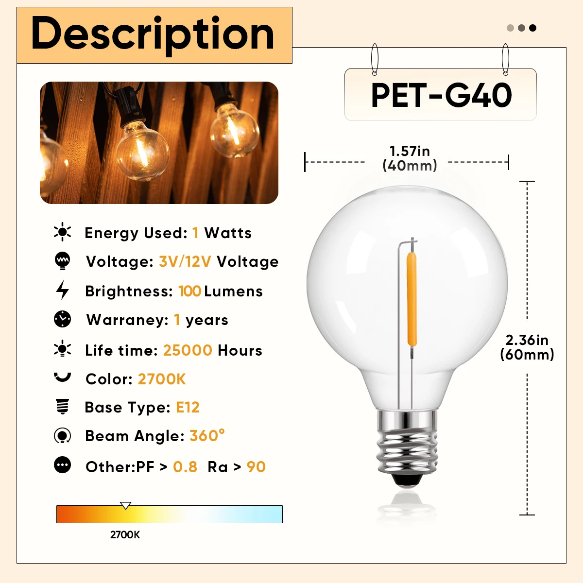 G40 bombillas de cadena Solar E12 3V 12V reemplazo de lámpara de filamento de bajo voltaje 1W 2700K plásticos inastillables RVs iluminación marina