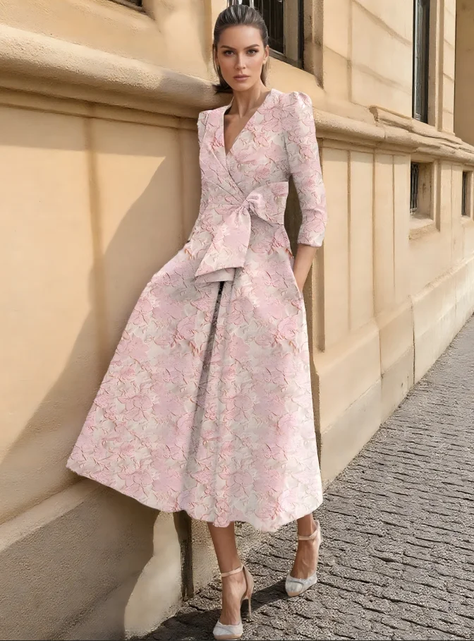 

Вечернее платье трапециевидной формы, жаккардовые коктейльные платья с цветочным принтом, элегантное вечернее свадебное платье длиной до щиколотки, с коротким рукавом и V-образным вырезом, с карманом 2025